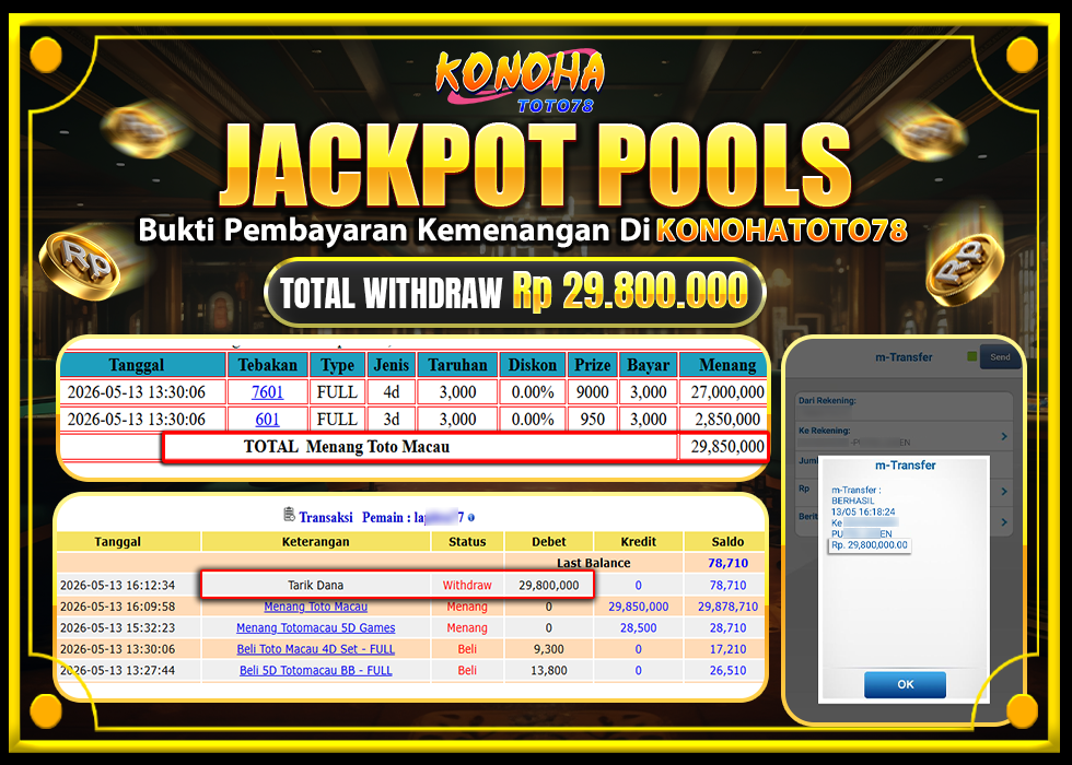 KONOHATOTO78 JACKPOT TOGEL PASARAN TOTOMACAURp.29.800.000LUNAS